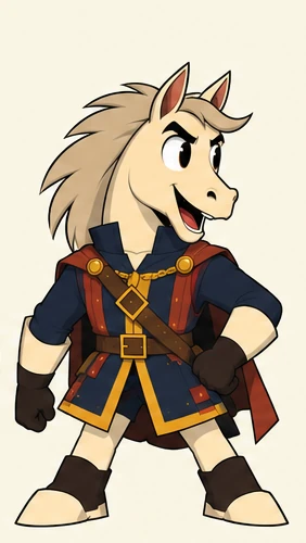 Knight, a horse-headed rider in a navy coat and red cape, grinning.