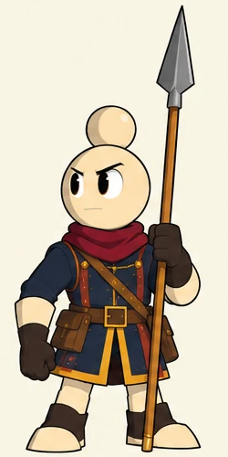 Pawn, a round-headed guard in a red scarf holding a tall spear.