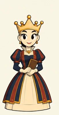 Queen, in a striped navy and oxblood gown and a gold crown.