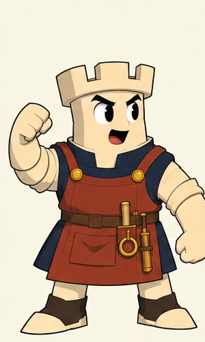 Rook, a sturdy tower-headed operator in a rust apron, fist raised.