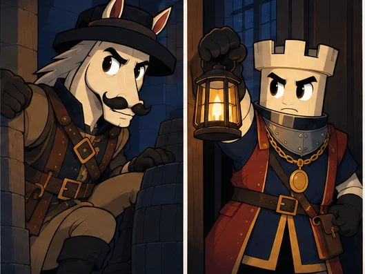 Two comic-style panels: the Knight as Fawkes in the vault, and the Rook as Knyvett raising a lantern.