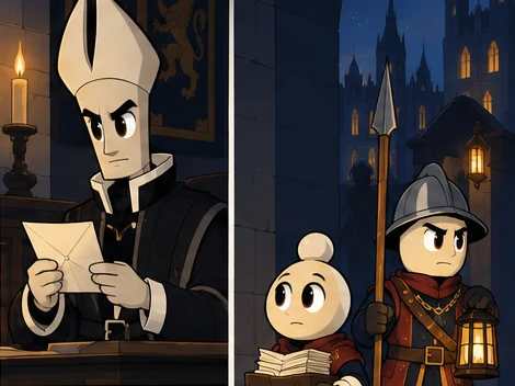 A still of the Bishop as Cecil reading a report, beside two Pawns keeping watch at night.