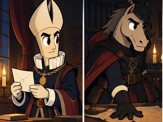 Two Gunpowder Plot panels: the Bishop as Lord Monteagle reads the warning letter, and the Knight as Catesby leans over a map.